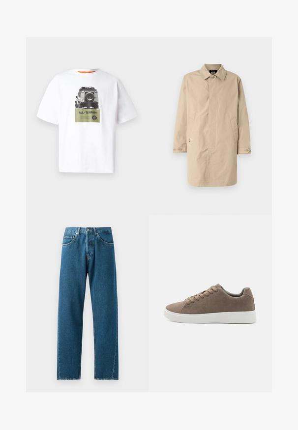 Beiger, knie-langer Mantel mit einem Kragen, langen Ärmeln und Seitentaschen. Knopfverschlüsse und glattes, gewebtes Material mit einem schlichten Design.; Weißes Baumwoll-T-Shirt mit einem Grafikdesign eines Fahrzeugs und dem Text "ALL-TERRAIN" in Grün, mit einem Schwarz-Weiß-Design. Orangefarbener Innenkragen.; Blaue Denim-Jeans mit geradem Bein, fünf Taschen und Gürtelschlaufen. Der Stoff hat eine feine Textur und ausgebleichte Stellen an den Taschen.; Braune Wildledersneaker mit flachen weißen Gummisohlen, Schnürdesign, abgerundete Zehen und einer glatten Textur. Minimalistischer Stil mit dezenten Nähdetails.
