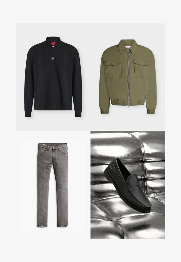 Veste zippée vert olive avec large col, deux poches à rabat sur la poitrine, poignets élastiques et taille élastique, présentée sur un fond uni.; Polo noir à manches longues avec col, un seul bouton et petit patch logo Hugo sur la poitrine sous l'encolure.; Jean en denim gris avec une coupe slim, un design à cinq poches et un délavage subtil. Comprend une fermeture à bouton et des passants de ceinture.; Mocassins en cuir noir à texture lisse, avec des détails de couture et un design classique, présentés sur un fond métallique et brillant.