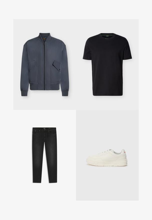 Marineblauwe bomberjas met een rits aan de voorkant, geribde kraag, manchetten, zoom en twee schuine klepzakken met drukknoppen.; Zwart T-shirt met korte mouwen en een ronde hals, met een klein groen "BOSS" label aan de binnenkant van de kraag.; Zwarte slim-fit jeans met vijf zakken, knoop- en ritssluiting, en subtiel vervagen aan de voorkant van de dijen, plat uitgestald op een witte achtergrond.; Witte sneakers met een glad leren bovenwerk, ronde neus, platte veters en een gestructureerde rubberen zool. Een rode accent op de hiel.