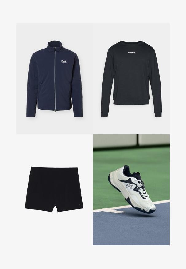 Tmavomodrá ľahká bunda s celopredným zipsom a bielym logom EA7 Emporio Armani na ľavej strane hrudníka, vysoký golier a dlhé rukávy.; Čierna mikina s dlhým rukávom vyrobená z mäkkej tkaniny, s okrúhlym výstrihom, rebrovanými manžetami a bielym logom potlačeným na hrudi.; Čierne športové šortky s hladkým povrchom, elastickým pásom a dvoma bočnými vreckami. Na spodnej pravej strane sa nachádza malé logo.; Bielo-námornícka športová obuv s textúrovaným zvrškom, vystlaným golierom a vzorovanou podrážkou, so znakom EA7 na boku.