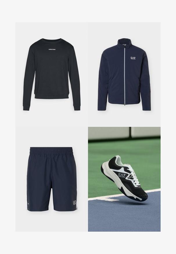 Tmavomodrá ľahká bunda s celopredným zipsom a bielym logom EA7 Emporio Armani na ľavej strane hrudníka, vysoký golier a dlhé rukávy.; Čierna mikina s dlhým rukávom vyrobená z mäkkej tkaniny, s okrúhlym výstrihom, rebrovanými manžetami a bielym logom potlačeným na hrudi.; Tmavomodré pánske športové šortky s elastickým pásom a bielym logom na ľavom okraji, zobrazené na jednoduchom svetlom pozadí.; Čierno-biela teniska EA7 Emporio Armani zavesená nad modrými a zelenými čiarami tenisového kurtu.