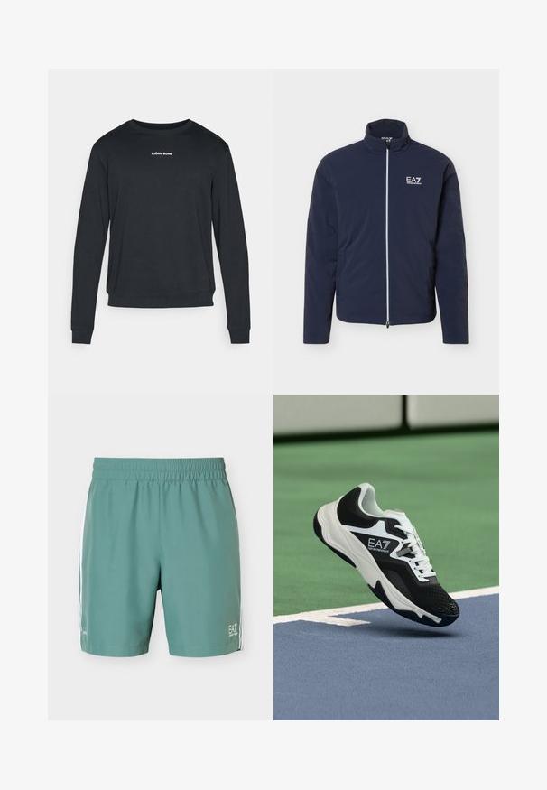 Tmavomodrá ľahká bunda s celopredným zipsom a bielym logom EA7 Emporio Armani na ľavej strane hrudníka, vysoký golier a dlhé rukávy.; Čierna mikina s dlhým rukávom vyrobená z mäkkej tkaniny, s okrúhlym výstrihom, rebrovanými manžetami a bielym logom potlačeným na hrudi.; Zelené atletické šortky s elastickým pásom a bielymi bočnými pruhmi, s malým bielym logom EA7 Emporio Armani na dolnej časti nohy.; Čierno-biela teniska EA7 Emporio Armani zavesená nad modrými a zelenými čiarami tenisového kurtu.