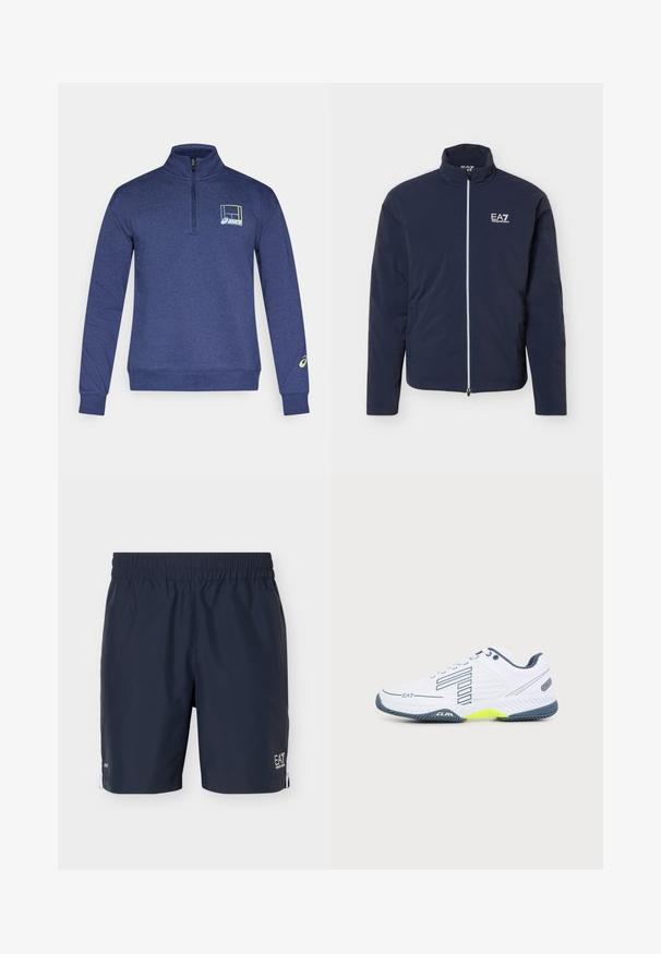 Veste légère bleu marine avec fermeture éclair intégrale devant et logo blanc EA7 Emporio Armani sur la poitrine gauche, col montant et manches longues.; Pull-over bleu marine à fermeture quart de zip, fabriqué en tissu doux, avec un logo jaune et bleu, et des poignets et ourlet côtelés pour une silhouette ajustée.; Shorts de sport bleu marine pour homme avec taille élastique et logo blanc sur l'ourlet gauche, présenté sur un fond clair uni.; Chaussure de sport blanche avec semelle gris foncé, accent jaune clair, design rayé noir et logo EA7 sur le côté, affichée sur un fond uni.