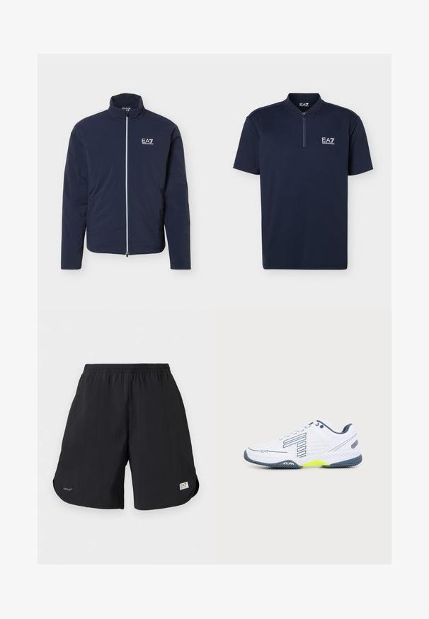 Veste légère bleu marine avec fermeture éclair intégrale devant et logo blanc EA7 Emporio Armani sur la poitrine gauche, col montant et manches longues.; Polo bleu marine à manches courtes avec une fermeture éclair au quart et le logo blanc EA7 Emporio Armani sur la poitrine gauche.; Shorts décontractés noirs avec taille élastique, petit texte "VENTUS7" sur la jambe gauche, et écusson logo EA7 Emporio Armani sur l'ourlet de la jambe droite.; Chaussure de sport blanche avec semelle gris foncé, accent jaune clair, design rayé noir et logo EA7 sur le côté, affichée sur un fond uni.