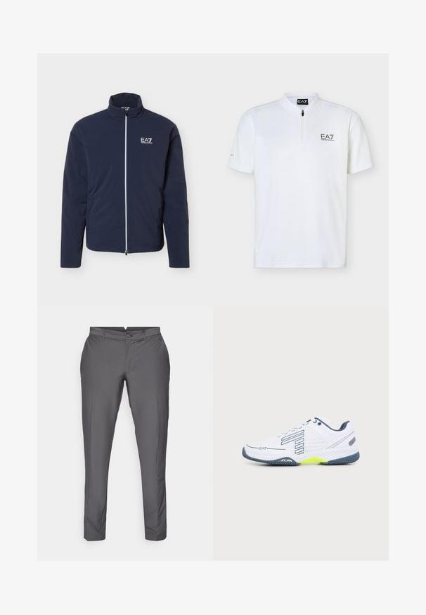 Chaqueta ligera azul marino con cremallera completa frontal y logo blanco EA7 Emporio Armani en el pecho izquierdo, cuello alto y mangas largas.; Polo blanco de manga corta con cremallera parcial y el logo de EA7 Emporio Armani en el pecho izquierdo y etiqueta en el cuello.; Pantalones grises de tejido suave. Presentan un ajuste entallado con parte delantera plana, pasadores para cinturón y cierre de botón. Diseño clásico.; Zapatilla deportiva blanca con suela gris oscuro, acento amarillo claro, diseño de rayas negras y logo EA7 en el lateral, mostrada sobre fondo liso.