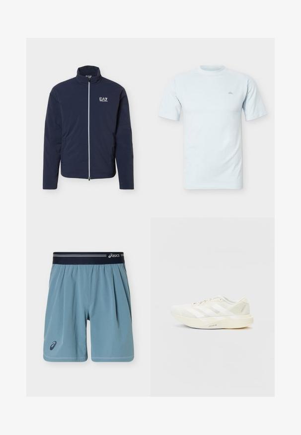 Veste légère bleu marine avec fermeture éclair intégrale devant et logo blanc EA7 Emporio Armani sur la poitrine gauche, col montant et manches longues.; T-shirt uni bleu clair à manches courtes et col rond avec un petit logo discret sur la poitrine gauche.; Shorts de sport bleu clair avec une ceinture élastique bleu marine foncé ornée de rayures blanches et du logo Asics sur la ceinture et la jambe.; Baskets blanches avec tige en mesh, présentant trois bandes blanches, un bout rond et une semelle claire étiquetée "LIGHTSTRIKE PRO."