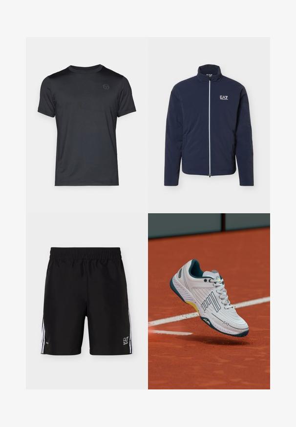 Veste légère bleu marine avec fermeture éclair intégrale devant et logo blanc EA7 Emporio Armani sur la poitrine gauche, col montant et manches longues.; T-shirt noir à manches courtes en tissu lisse, doté d'un col rond et d'un logo discret sur la poitrine. Coupe décontractée sans motifs visibles.; Short de sport noir avec taille élastique, rayures verticales blanches sur les côtés et petit logo EA7 Emporio Armani en bas de la jambe droite.; Chaussure de sport blanche avec un design texturé, des accents bleu foncé et un détail jaune sur la semelle intermédiaire, montrée en plein air sur un terrain en terre battue.