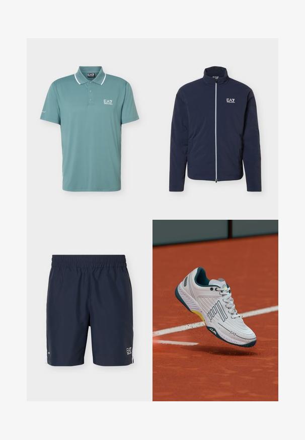 Veste légère bleu marine avec fermeture éclair intégrale devant et logo blanc EA7 Emporio Armani sur la poitrine gauche, col montant et manches longues.; Polo vert à manches courtes avec bordure blanche au col et logo EA7 Emporio Armani sur la poitrine et la manche.; Shorts de sport bleu marine pour homme avec taille élastique et logo blanc sur l'ourlet gauche, présenté sur un fond clair uni.; Chaussure de sport blanche avec un design texturé, des accents bleu foncé et un détail jaune sur la semelle intermédiaire, montrée en plein air sur un terrain en terre battue.