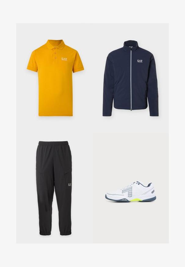 Veste légère bleu marine avec fermeture éclair intégrale devant et logo blanc EA7 Emporio Armani sur la poitrine gauche, col montant et manches longues.; Polo jaune vif à manches courtes avec trois boutons et logo blanc "EA7 Emporio Armani" sur le côté gauche de la poitrine.; Pantalon noir décontracté avec taille et poignets élastiques, poches latérales à rabat et petit logo blanc EA7 Emporio Armani sur la cuisse droite.; Chaussure de sport blanche avec semelle gris foncé, accent jaune clair, design rayé noir et logo EA7 sur le côté, affichée sur un fond uni.