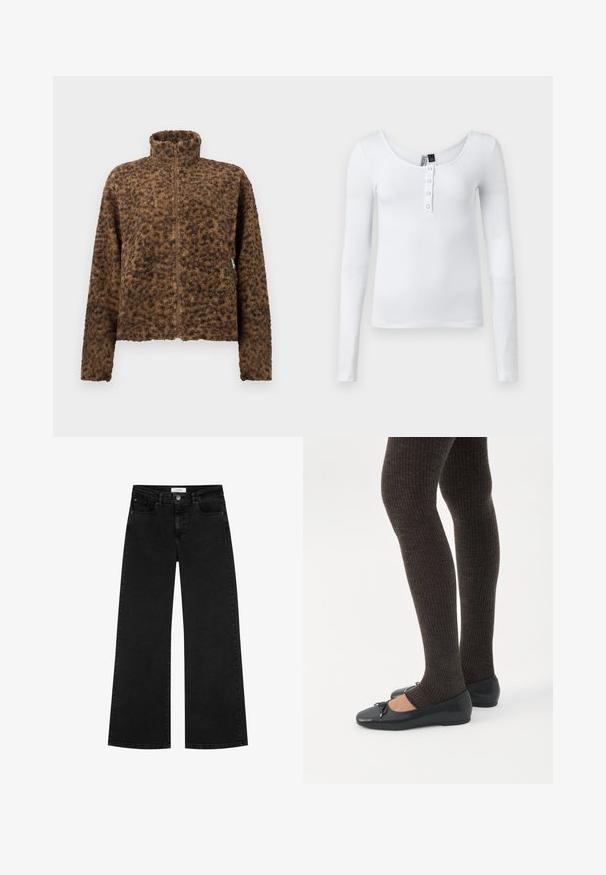 Bruine fleece jas met volle ritssluiting, hoge kraag en lange mouwen, met een subtiel gevlekt patroon.; Witte langarm ribgebreide top met een ronde halslijn en vier knopen aan de voorkant. De stof heeft een gladde textuur en een getailleerd ontwerp.; Zwarte high-waisted wide-leg jeans met voor- en muntzakken, knoopsluiting en riemlussen.; Benen met donkere geribbelde leggings gecombineerd met zwarte ballerina's met kleine strikdetails op een witte achtergrond.