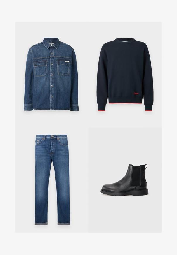 Dunkelblaues Denim-Hemd mit langen Ärmeln, Knopfleiste vorne, zwei Brusttaschen mit Klappen und einem kleinen Calvin Klein-Label auf der rechten Tasche.; Marineblauer Pullover mit langen Ärmeln und Rundhalsausschnitt, roter Besatz an Bündchen und Saum sowie einer kleinen roten Stickerei über dem Saum auf der rechten Vorderseite.; Herren-Jeans aus blauem Denim mit geradem Bein, Knopfverschluss, Fünf-Taschen-Design und umgeschlagenen Säumen vor weißem Hintergrund.; Schwarze Leder-Chelsea-Boots mit strukturiertem Finish, elastischen seitlichen Einsätzen und einer robusten Gummisohle. Dezentes Branding an der Ferse.