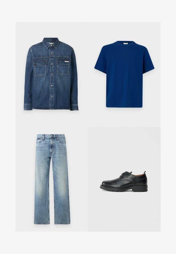 Donkerblauw denim shirt met lange mouwen, knoopsluitingen aan de voorkant, twee klepzakken op de borst en een klein Calvin Klein-label op de rechterzak.; Effen blauwe T-shirt met korte mouwen, ronde hals en een subtiel klein logo in het midden van de borst, afgebeeld tegen een effen achtergrond.; Lichtblauwe denim jeans met rechte pijpen, een hoge taille, vijf zakken, knoopsluiting en subtiele vervaging op de dijen en knieën.; Zwarte leren derby schoenen met een gladde textuur, ronde neus, vetersluiting en een dikke, robuuste rubberen zool.