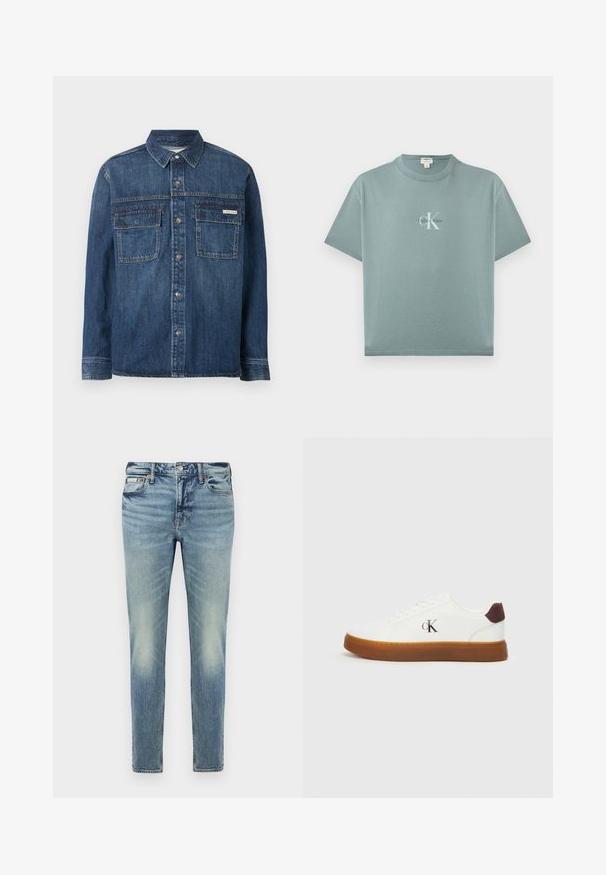 Camisa de mezclilla azul oscuro de manga larga con botones al frente, dos bolsillos con solapa en el pecho y una pequeña etiqueta de Calvin Klein en el bolsillo derecho.; Camiseta de manga corta color verde azulado claro con cuello redondo y logo de Calvin Klein centrado en texto blanco y negro en el frente.; Vaqueros de mezclilla azul claro descoloridos con corte recto, diseño de cinco bolsillos, cierre de botón y detalles sutiles de desgaste en las piernas.; Zapatillas blancas con suela de goma, cordones planos y acento de talón de gamuza marrón. Presenta un discreto logo "cK" en relieve en el lateral.