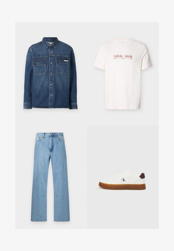 Donkerblauw denim shirt met lange mouwen, knoopsluitingen aan de voorkant, twee klepzakken op de borst en een klein Calvin Klein-label op de rechterzak.; Witte katoenen T-shirt met rode tekst waarop staat "calvin klein new york city." Korte mouwen en een ronde hals.; Lichtblauwe denim jeans met rechte pijpen, ontworpen met vijf zakken en een knoopsluiting bij de taille, weergegeven tegen een effen achtergrond.; Witte sneakers met een rubberen gum zool, platte veters en een bruine suède hakaccent. Voorzien van een subtiele geperforeerde "cK" logo aan de zijkant.
