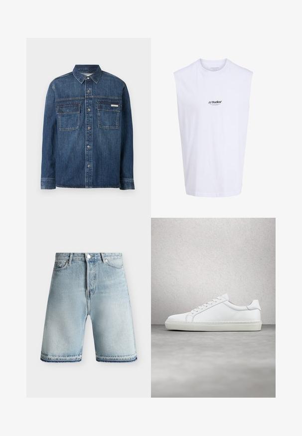 Chemise en jean bleu foncé à manches longues avec fermeture boutonnée, deux poches poitrine à rabat et une petite étiquette Calvin Klein sur la poche droite.; Chemise blanche sans manches avec petit logo texte noir "JJ Studios" centré sur le devant et encolure ronde.; Short en denim bleu clair avec fermeture bouton et zip, passants de ceinture, poches avant et ourlets effilochés sur fond uni.; Sneaker blanche avec une tige en cuir lisse et un profil bas. Présente un bout arrondi, six œillets et une semelle en caoutchouc texturé.