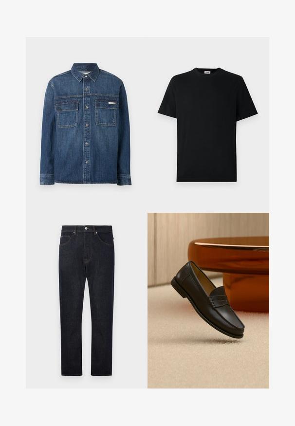 Dunkelblaues Denim-Hemd mit langen Ärmeln, Knopfleiste vorne, zwei Brusttaschen mit Klappen und einem kleinen Calvin Klein-Label auf der rechten Tasche.; Schwarzes T-Shirt mit kurzem Arm und Rundhalsausschnitt, flach auf einem weißen Hintergrund liegend, mit einem kleinen Markenlabel im Kragen.; Dunkelblaue Denim-Jeans mit geradem Bein, ausgestattet mit fünf Taschen, kontrastierenden orangen Nähten und einem Knopfverschluss an der Taille.; Schwarzer Leder-Loafer, der über einem hellbeigen Teppich schwebt, mit bernsteinfarbenen modernen Möbeln im Hintergrund.