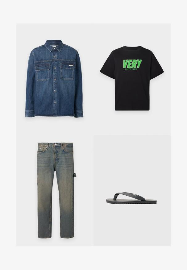 Chemise en jean bleu foncé à manches longues avec fermeture boutonnée, deux poches poitrine à rabat et une petite étiquette Calvin Klein sur la poche droite.; T-shirt noir à manches courtes avec le mot "VERY" en lettres majuscules vertes et le logo "CALVIN KLEIN" plus petit imprimé en dessous, au centre de l'avant.; Jean en denim bleu clair avec un effet usé, coupe droite, cinq poches et passants de ceinture. Présente un détail de sangle sur le côté.; Tongs noires avec des brides texturées, semelle plate et bord cranté. Fabriquées en caoutchouc avec une finition lisse et un design minimaliste.