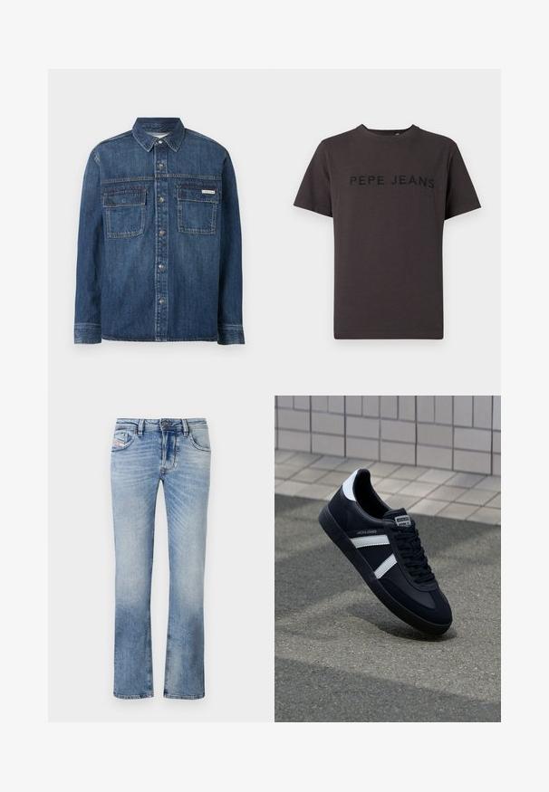 Dunkelblaues Denim-Hemd mit langen Ärmeln, Knopfleiste vorne, zwei Brusttaschen mit Klappen und einem kleinen Calvin Klein-Label auf der rechten Tasche.; Dunkelgraues T-Shirt aus Baumwolle mit kurzen Ärmeln und Rundhalsausschnitt. "PEPE JEANS" ist vorne in Schwarz geprägt.; Hellblaue Jeans aus Denim mit geradem Schnitt, ausgestattet mit Fronttaschen, einem Reißverschluss und subtilen Verfärbungen im gesamten Stoff.; Schwarze Leder-Sneaker mit weißen Streifen, strukturiertem Gummisohle und Schnürung. Verfügt über ein Markenetikett auf der Zunge.