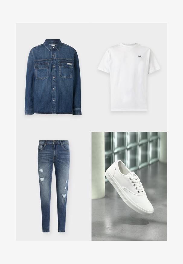 Dunkelblaues Denim-Hemd mit langen Ärmeln, Knopfleiste vorne, zwei Brusttaschen mit Klappen und einem kleinen Calvin Klein-Label auf der rechten Tasche.; Weißes T-Shirt mit kurzen Ärmeln und Rundhalsausschnitt mit kleinem schwarzem New Balance-Logo auf der oberen linken Brust auf einem einfarbigen hellen Hintergrund.; Eng anliegende blaue Denim-Jeans mit Used-Details, mehreren Rissen und ausgewaschenem Look. Mit Fünf-Taschen-Design und Gürtelschlaufen.; Weißer niedriger Canvas-Sneaker mit Schnürsenkeln, beschriftet mit Tommy Hilfiger, schwebt über einem glatten grauen Boden nahe einer Glasbausteinwand.