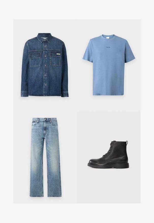 Chemise en jean bleu foncé à manches longues avec fermeture boutonnée, deux poches poitrine à rabat et une petite étiquette Calvin Klein sur la poche droite.; T-shirt en coton bleu clair avec des manches courtes, col rond et un logo "Calvin Klein" subtil en noir sur la poitrine. Texture lisse.; Jean droit en denim bleu clair avec taille haute, cinq poches, fermeture à boutons et léger délavage sur les cuisses et les genoux.; Bottine noire en cuir texturé avec un bout rond, un design à lacets, et une solide semelle en caoutchouc noir. Elle est dotée d'une boucle au talon.