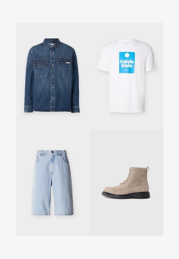 Chemise en jean bleu foncé à manches longues avec fermeture boutonnée, deux poches poitrine à rabat et une petite étiquette Calvin Klein sur la poche droite.; T-shirt blanc à manches courtes avec un graphique rectangulaire bleu, présentant un cercle blanc et le texte "Calvin Klein" en lettres blanches en gras.; Shorts en denim bleu clair jusqu'aux genoux avec boutons et fermeture éclair à l'avant, passants pour ceinture et poches latérales, présentés sur un fond uni.; Bottines en daim beige avec semelle en caoutchouc noir, design à lacets, et un petit logo embossé sur le côté, avec une languette à l'arrière.