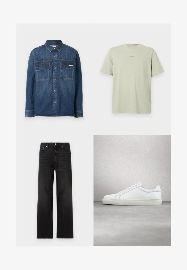Langærmet mørkeblå denimskjorte med knapper foran, to brystlommer med klap og et lille Calvin Klein-mærke på den højre lomme.; Lys grøn bomulds t-shirt med rund hals, korte ærmer og et lille Calvin Klein-logo i en mørkere nuance trykt på brystet.; Sorte jeans med lige ben, fem-lomme design, bæltestropper og knaplukning, vist på en hvid baggrund.; Hvide sneakers med en glat læderoverdel og lav profil. Har en rund tå, seks snørehuller og en tekstureret gummisål.
