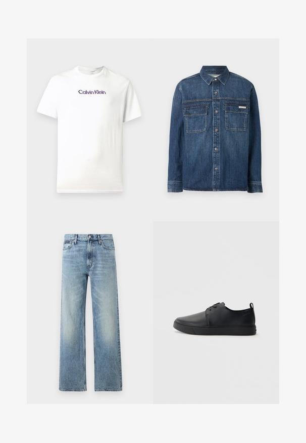 Pitkähihainen tummansininen farkkupaita nappisuljennuksella, kahdella läppätaskulla rinnassa ja pienellä Calvin Klein -merkillä oikeassa taskussa.; Valkoinen puuvillapaidat, jossa on pyöreä pääntie, lyhyet hihat ja purppuranvärinen "Calvin Klein" -logo painettuna rinnan yli.; Vaaleansiniset suoralahkeiset denimfarkut, joissa on korkea vyötärö, viisi taskua, nappikiinnitys ja hienovarainen haalistuma reisien ja polvien kohdalla.; Musta nahkakengät hienolla pinnalla, pyöreällä varvastyönnöllä, sävyyn sointuvilla ompeluilla, nauhakengät edessä ja littealla kumipohjalla. Silmukka kantapäässä.