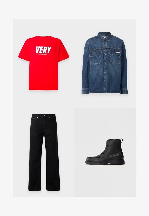 Langærmet mørkeblå denimskjorte med knapper foran, to brystlommer med klap og et lille Calvin Klein-mærke på den højre lomme.; Rød kortærmet T-shirt med "VERY" i store hvide bogstaver og "CALVIN KLEIN" i mindre hvide tekst nedenfor på brystet.; Sorte denim jeans med lige ben, fem lommer og et logo-tag foran, med metalbeslag og en glat tekstur.; Sorte struktureret læder ankelstøvle med snørebånd, tykk sål og løkke bagpå, set fra siden.