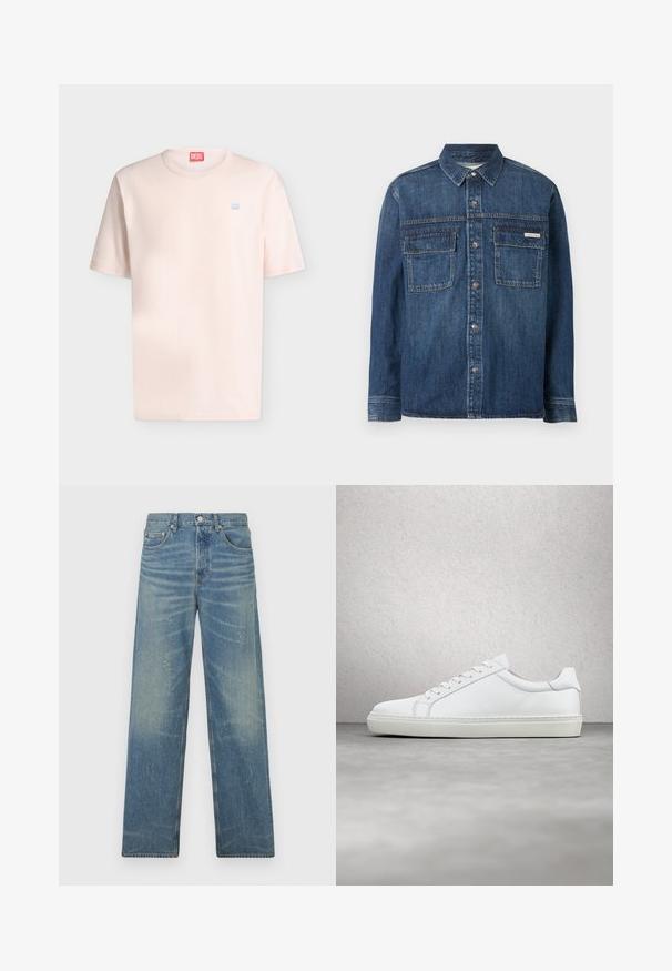 Chemise en jean bleu foncé à manches longues avec fermeture boutonnée, deux poches poitrine à rabat et une petite étiquette Calvin Klein sur la poche droite.; T-shirt rose clair à manches courtes et col rond avec petit logo Diesel bleu sur la poitrine et étiquette Diesel rouge à l'intérieur du col.; Jeans droits bleus avec une décoloration légère, quelques éclaboussures de peinture, bouton frontal et design à cinq poches sur un fond blanc.; Sneaker blanche avec une tige en cuir lisse et un profil bas. Présente un bout arrondi, six œillets et une semelle en caoutchouc texturé.
