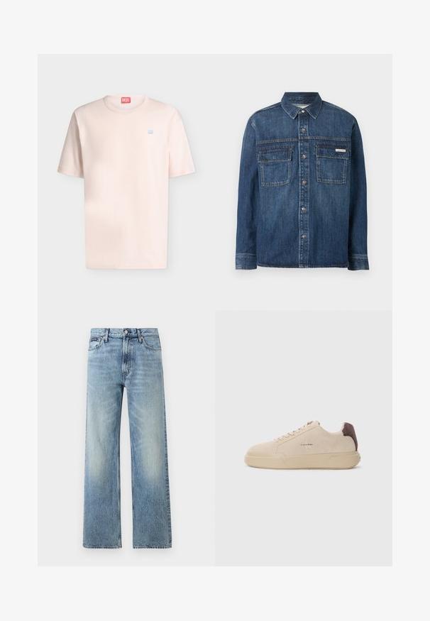 Chemise en jean bleu foncé à manches longues avec fermeture boutonnée, deux poches poitrine à rabat et une petite étiquette Calvin Klein sur la poche droite.; T-shirt rose clair à manches courtes et col rond avec petit logo Diesel bleu sur la poitrine et étiquette Diesel rouge à l'intérieur du col.; Jean droit en denim bleu clair avec taille haute, cinq poches, fermeture à boutons et léger délavage sur les cuisses et les genoux.; Baskets en daim beige avec un bout rond, lacets à l'avant et un accent en daim marron sur le talon. Dotées d'une semelle en caoutchouc texturé.