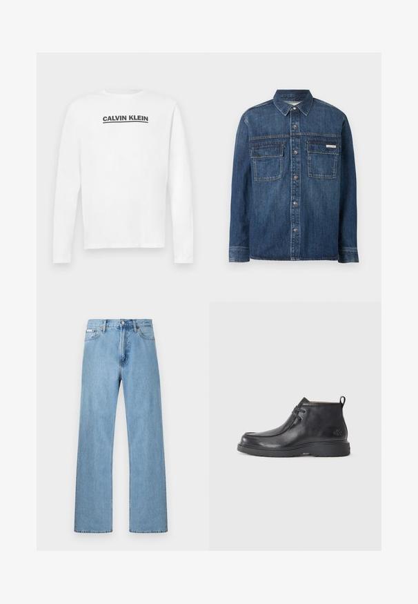 Chemise en jean bleu foncé à manches longues avec fermeture boutonnée, deux poches poitrine à rabat et une petite étiquette Calvin Klein sur la poche droite.; Chemise blanche à manches longues en coton, arborant un logo noir "CALVIN KLEIN" sur la poitrine et un col rond. Texture lisse.; Jean en denim bleu clair coupe droite à cinq poches avec fermeture à boutons à la taille, présenté sur un fond uni.; Bottes noires en cuir à talon arrondi, avec un design à lacets et une languette à l'arrière. Tige texturée et semelle en caoutchouc.