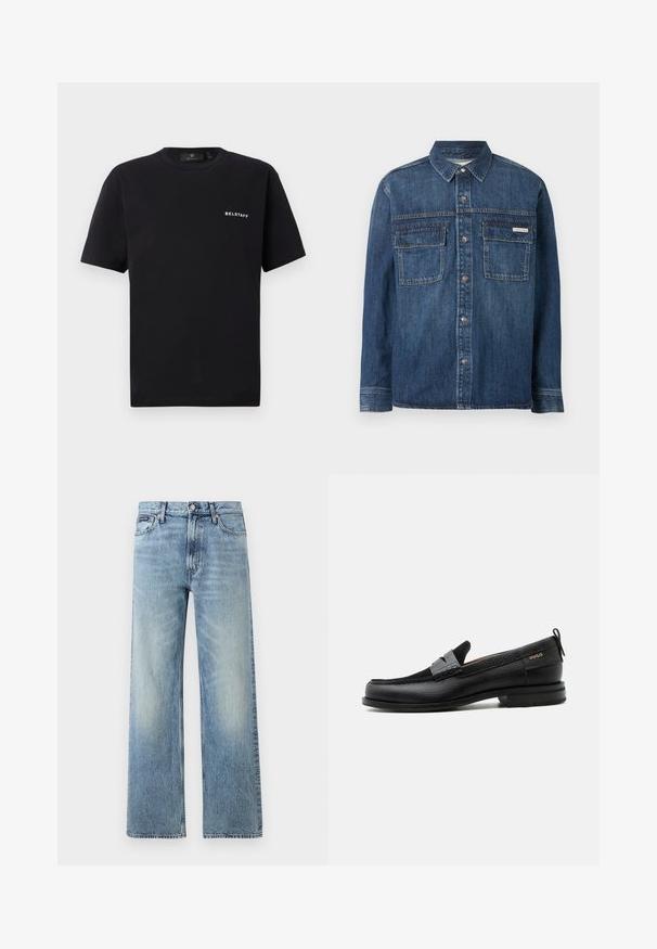 Langærmet mørkeblå denimskjorte med knapper foran, to brystlommer med klap og et lille Calvin Klein-mærke på den højre lomme.; Sort kortærmet T-shirt med rund halsudskæring og lille hvid "BELSTAFF" logo på venstre bryst mod en ensfarvet baggrund.; Lyseblå denim jeans med lige ben, højt talje, fem lommer, knaplukning og diskrete falmede områder på lår og knæ.; Sort læderloafer med grå remdetalje, lav hæl og tekstureret sål, mærket med "HUGO" i guld på siden.