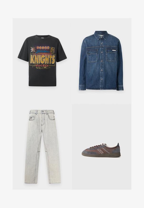 Donkerblauw denim shirt met lange mouwen, knoopsluitingen aan de voorkant, twee klepzakken op de borst en een klein Calvin Klein-label op de rechterzak.; Zwarte katoenen T-shirt met "Vegas Golden Knights Hockey" print in gouden, blauwe en rode kleuren, met sterren- en schildiconen en gestippelde accenten.; Lichtblauwe denim jeans met een rechte pasvorm, voorzien van contrasterende stiksels, twee voorzakken en verweerde details in de stof.; Low-top vetersneaker in bruin en grijs suède met "Tommy Jeans"-branding op de zijkant en zool, tegen een lichtgrijze achtergrond.