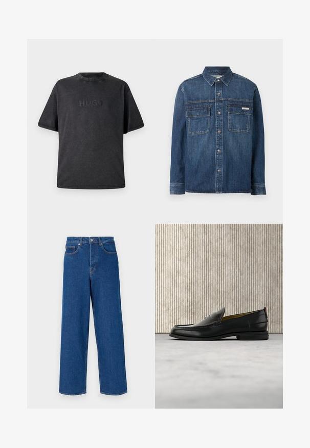 Dunkelblaues Denim-Hemd mit langen Ärmeln, Knopfleiste vorne, zwei Brusttaschen mit Klappen und einem kleinen Calvin Klein-Label auf der rechten Tasche.; Schwarzes T-Shirt mit kurzen Ärmeln aus Baumwolle und rundem Ausschnitt. Mit eingeprägt "HUGO"-Logo auf der Vorderseite. Glatte Textur mit Nähten.; Weite blaue Jeans aus Denim mit hoher Taille, Fünf-Taschen-Design und Kontrastnähten entlang der Nähte und Taschen.; Schwarzer Herren-Slipper aus Leder mit einer krokogeprägten Vorderkappe und einem niedrigen Absatz, im Profil vor neutralem Hintergrund gezeigt.