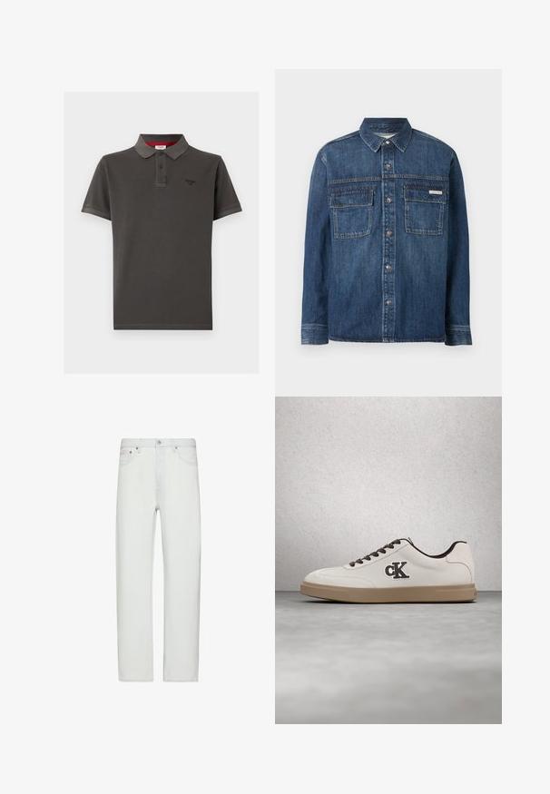 Dunkelblaues Denim-Hemd mit langen Ärmeln, Knopfleiste vorne, zwei Brusttaschen mit Klappen und einem kleinen Calvin Klein-Label auf der rechten Tasche.; Dunkelgraues Poloshirt aus Baumwolle mit klassischem Kragen, zwei Knopf-Leiste, kurzen Ärmeln und kleinem Logo auf der Brust.; Weiße Jeans mit hoher Taille und geradem Bein, vorne mit Knopf- und Reißverschluss, Gürtelschlaufen und vorderen Taschen.; Weißer Sneaker mit braunen Akzenten, Veloursledermaterial, flachen Schnürsenkeln und einer Gummisohle. Verfügt über ein Logo an der Seite und eine glatte Textur.