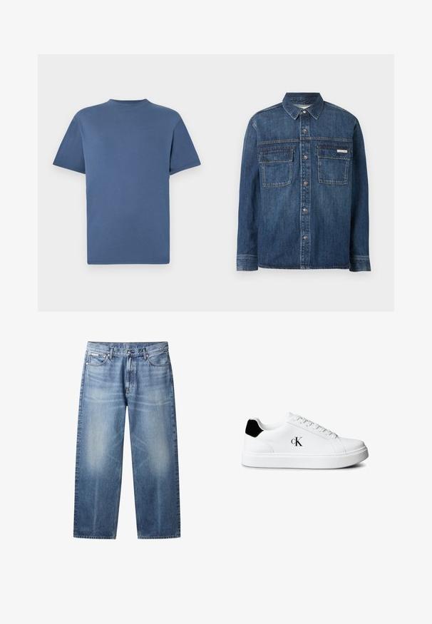 Dunkelblaues Denim-Hemd mit langen Ärmeln, Knopfleiste vorne, zwei Brusttaschen mit Klappen und einem kleinen Calvin Klein-Label auf der rechten Tasche.; Blaues T-Shirt mit kurzen Ärmeln und Rundhalsausschnitt, schlichtes, einfarbiges Design, flach auf weißem Hintergrund dargestellt.; Hellblaue Jeans mit geradem Bein, ausgewaschenen Bereichen, fünf Taschen, Knopfverschluss und Calvin Klein-Label an der rechten Vordertasche.; Weißer Sneaker in niedriger Schnittform mit schwarzem Fersenlasche und „cK“ Logo an der Seite, ausgestattet mit weißen Schnürsenkeln und dicker weißer Sohle.