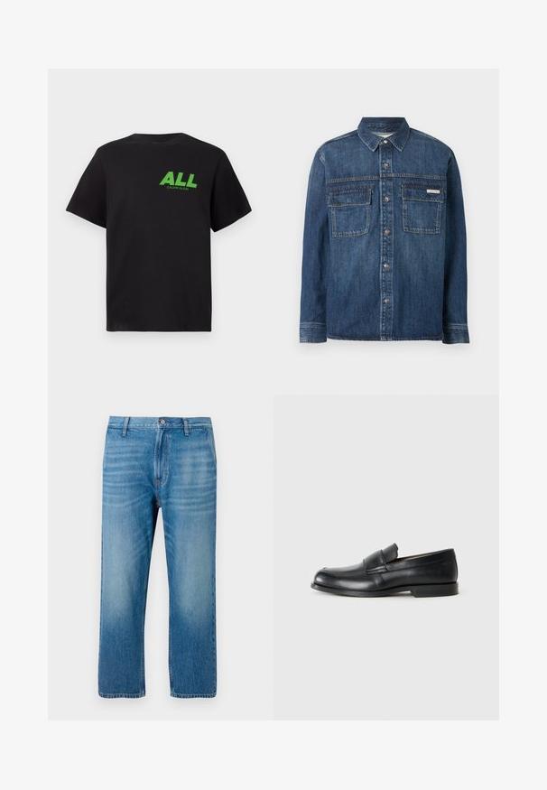 Langærmet mørkeblå denimskjorte med knapper foran, to brystlommer med klap og et lille Calvin Klein-mærke på den højre lomme.; Sort kortærmet T-shirt med grøn "ALL" tekst og mindre "Calvin Klein" logo trykt på den øverste venstre bryst.; Lys blå denimbukser med lige pasform, fem lomme-design, knaplukning og subtil falmning på forsiden. Ingen synlige mønstre.; Sorte læder loafers med rund tå, syet detaljer og en flad gummisål. Har en bred rem over vristen.