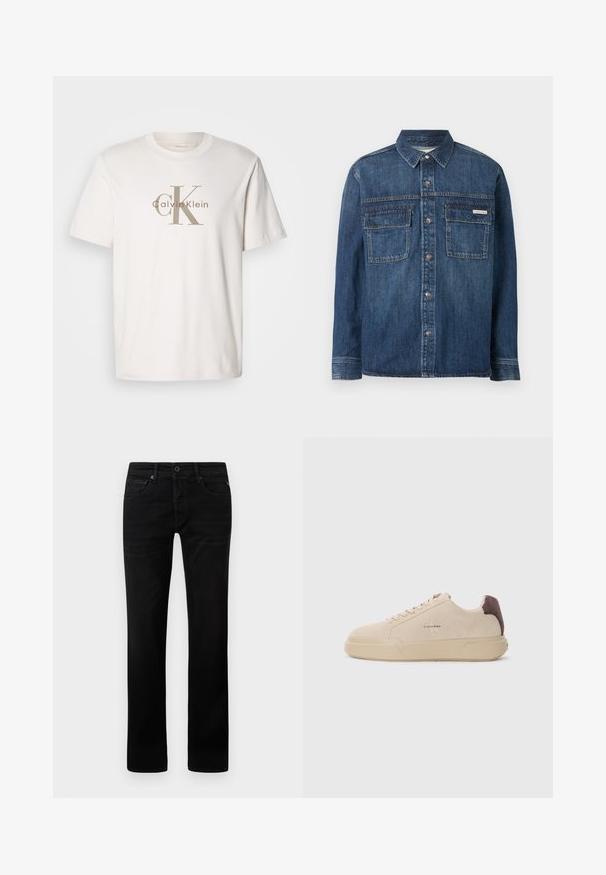 Pitkähihainen tummansininen farkkupaita nappisuljennuksella, kahdella läppätaskulla rinnassa ja pienellä Calvin Klein -merkillä oikeassa taskussa.; Valkoinen lyhythihainen puuvillat-paita, jossa on beige "cK Calvin Klein" -logo tulostettuna rinnan kohdalle, pyöreä kaula-aukko ja rento istuvuus.; Mustat denim-farkut suoranlahkeisella muotoilulla. Omistaa vetoketjukiinnityksen, viisi taskua ja vähäistä kulutusta kankaassa.; Beige mokkasieni nahkakengät, joissa on pyöreä kärki, nauhakiinnitys edessä ja ruskea mokkasieni korostus kantapäässä. Varustettu tekstuurilla varustetulla kumipohjalla.