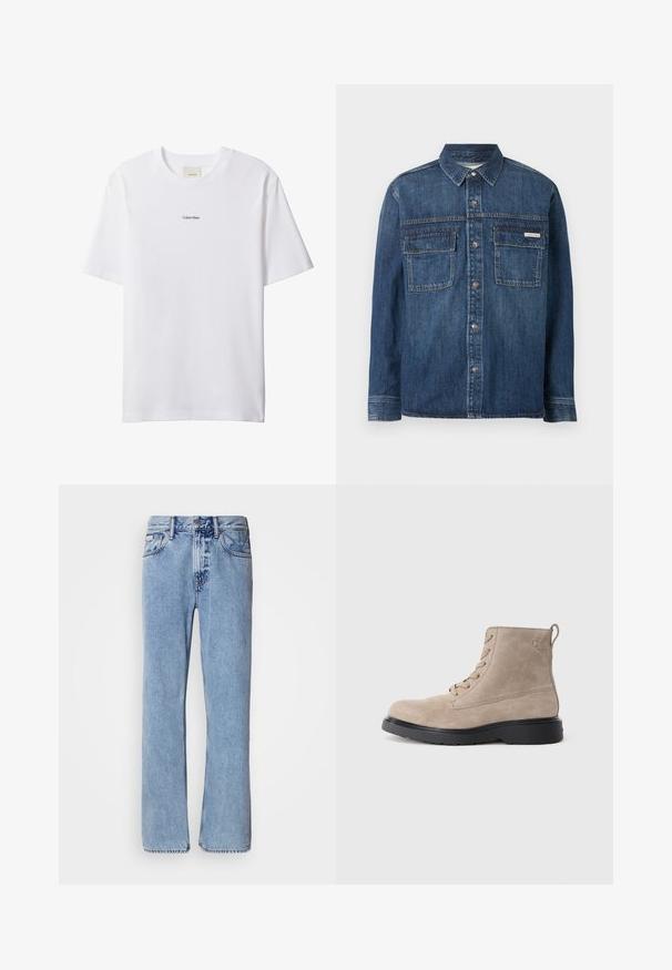 Camisa de mezclilla azul oscuro de manga larga con botones al frente, dos bolsillos con solapa en el pecho y una pequeña etiqueta de Calvin Klein en el bolsillo derecho.; Camiseta blanca de algodón con cuello redondo y mangas cortas. Cuenta con un pequeño logo negro de "Calvin Klein" centrado en el pecho.; Jeans de mezclilla azul claro con un diseño de pierna recta, cinco bolsillos y cierre de botón. Detalles de costura cerca de los bolsillos y la cintura.; Botines de ante beige con suela de goma negra, diseño con cordones y un pequeño logotipo grabado en el lateral, que cuenta con una lengüeta en la parte posterior.