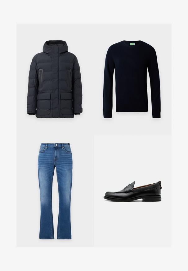 Chaqueta de puffer gris oscuro con capucha, que cuenta con dos bolsillos en el pecho, bolsillos laterales y puños elásticos. Fabricada con tejido aislante acolchado.; Suéter negro de manga larga con cuello redondo, con puños y dobladillo acanalados, exhibido sobre un fondo blanco.; Vaqueros acampanados de mezclilla en azul medio. Presentan un diseño de cinco bolsillos, detalles cosidos, un cierre de botón y una textura ligeramente desgastada en las piernas.; Mocasín de hombre de piel negra con costura moc toe, tira penny, cuello texturizado y tacón bajo apilado sobre fondo blanco.