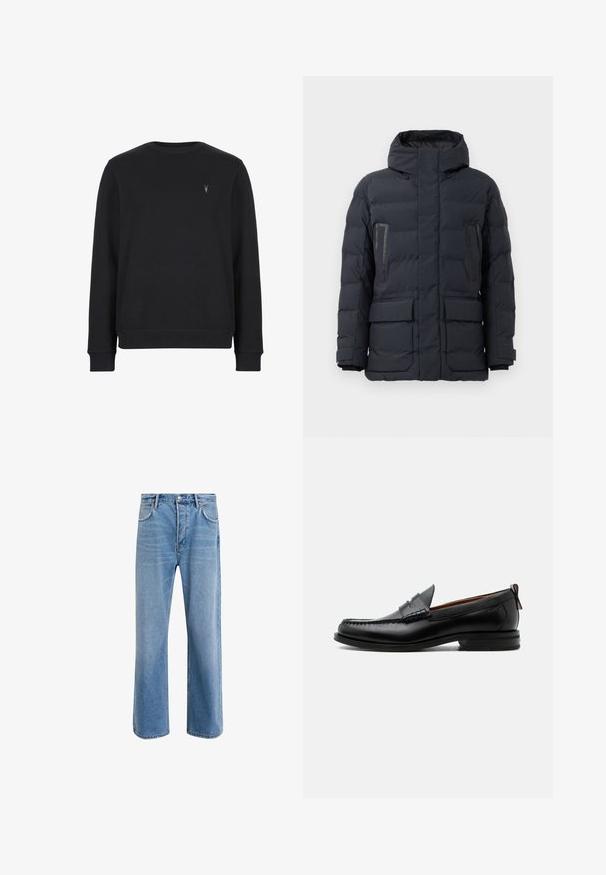 Dunkelgraue Daunenjacke mit Kapuze, ausgestattet mit zwei Brusttaschen, seitlichen Taschen und elastischen Bündchen. Hergestellt aus isoliertem, gesteppter Stoff.; Schwarzer Sweatshirt aus Baumwollmischung, mit Rundhalsausschnitt, langen Ärmeln und einem kleinen gestickten Logo auf der Brust.; Helle blaue Jeans im Geradeschnitt-Design, mit fünf Taschen, Knopfverschluss, minimaler Ausbleichung und kontrastierenden Nähdetails.; Schwarzer Leder-Herrenschuh mit Mokassinnaht, Penny-Riemen, strukturiertem Kragen und niedrigem gestapeltem Absatz auf weißem Hintergrund.