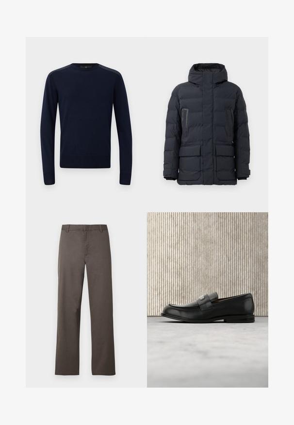 Dunkelgraue Daunenjacke mit Kapuze, ausgestattet mit zwei Brusttaschen, seitlichen Taschen und elastischen Bündchen. Hergestellt aus isoliertem, gesteppter Stoff.; Dunkelblauer Strickpullover mit langen Ärmeln, rundem Hals und gerippten Bündchen. Verfügt über strukturierte Schulterakzente und eine taillierte Silhouette.; Braune Baumwollhosen mit geradem Bein, ausgestattet mit Gürtelschlaufen und einer glatten Textur. Keine sichtbaren Muster oder Hardwaredetails.; Schwarzer Lederloafer mit einer Metallmarkenplatte, der nahe einem braunen runden Tisch auf beigem Teppichboden ruht.
