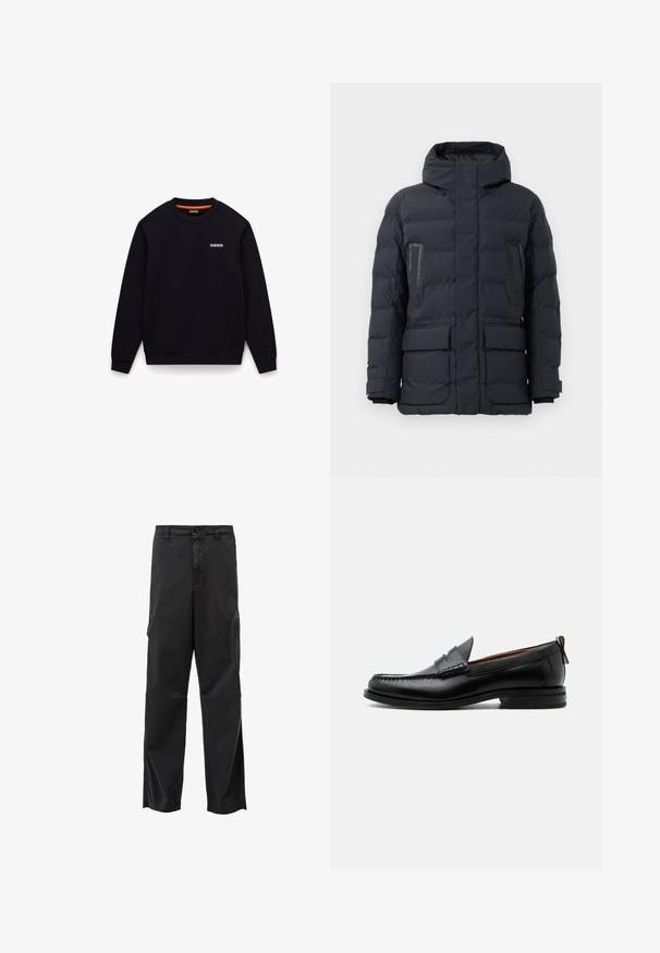 Dunkelgraue Daunenjacke mit Kapuze, ausgestattet mit zwei Brusttaschen, seitlichen Taschen und elastischen Bündchen. Hergestellt aus isoliertem, gesteppter Stoff.; Schwarzes Sweatshirt mit Rundhalsausschnitt, langen Ärmeln und kleinem weißen Logo auf der linken Brust vor weißem Hintergrund.; Schwarze Cargo-Hosen mit geradem Schnitt, Knopfverschluss und Seitentaschen. Glatter Stoff mit mattem Finish und ohne sichtbare Muster.; Schwarzer Leder-Herrenschuh mit Mokassinnaht, Penny-Riemen, strukturiertem Kragen und niedrigem gestapeltem Absatz auf weißem Hintergrund.