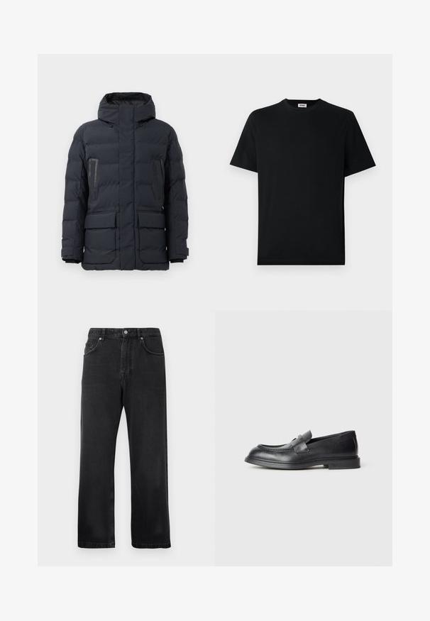 Mørkegrå pufferjakke med hætte, der har to brystlommer, sidelommer og elastiske manchetter. Lavet af isoleret, quiltet stof.; Simpel sort kortærmet T-shirt med rund hals, præsenteret fladt mod en hvid baggrund, med et lille mærke syet ind i kraven.; Sorte lige ben jeans med forlommer, bæltestropper og knaplukning på hvid baggrund.; Sorte læder loafers med en struktureret finish, der har en dekorativ frontrem og en rundet tå. Gummisål for holdbarhed.