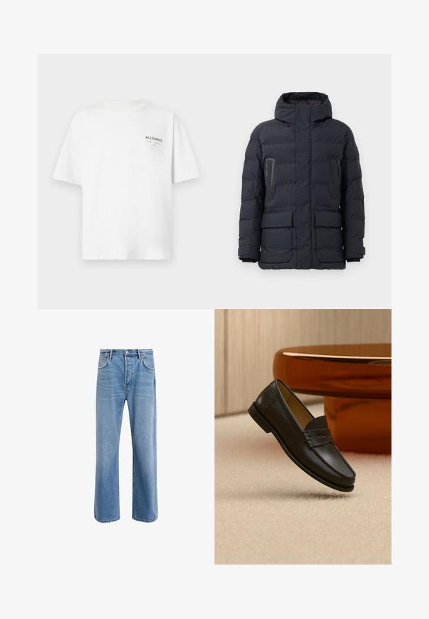 Mørkegrå pufferjakke med hætte, der har to brystlommer, sidelommer og elastiske manchetter. Lavet af isoleret, quiltet stof.; Hvid kortærmet bomulds T-shirt med lille sort "ALLSAINTS" tekst og japanske tegn trykt på venstre bryst.; Lyseblå denim jeans med lige ben-design, fem lommer, knaplukning, minimal falming og kontraststingdetaljer.; Sort læder loafer-sko hængende over beige tæppe med ravfarvet moderne møblement i baggrunden.