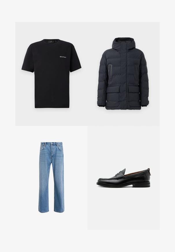 Dunkelgraue Daunenjacke mit Kapuze, ausgestattet mit zwei Brusttaschen, seitlichen Taschen und elastischen Bündchen. Hergestellt aus isoliertem, gesteppter Stoff.; Schwarzes Kurzarm-Crewneck-T-Shirt mit kleinem weißen "BELSTAFF"-Logo auf der linken Brust vor einem schlichten Hintergrund.; Helle blaue Jeans im Geradeschnitt-Design, mit fünf Taschen, Knopfverschluss, minimaler Ausbleichung und kontrastierenden Nähdetails.; Schwarzer Leder-Herrenschuh mit Mokassinnaht, Penny-Riemen, strukturiertem Kragen und niedrigem gestapeltem Absatz auf weißem Hintergrund.