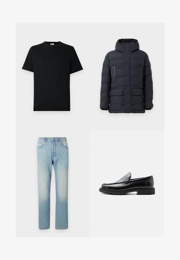 Chaqueta de puffer gris oscuro con capucha, que cuenta con dos bolsillos en el pecho, bolsillos laterales y puños elásticos. Fabricada con tejido aislante acolchado.; Camiseta básica negra de manga corta con cuello redondo, exhibida plana sobre un fondo blanco, con una pequeña etiqueta de la marca en el interior del collar.; Jeans de color azul claro hechos de denim, con un diseño de pierna recta, estructura de cinco bolsillos y efecto de lavado desgastado en los muslos.; Mocasín de cuero negro con suela de goma gruesa, empeine cosido y nombre de la marca en relieve en el talón, mostrado en perfil lateral sobre fondo blanco.
