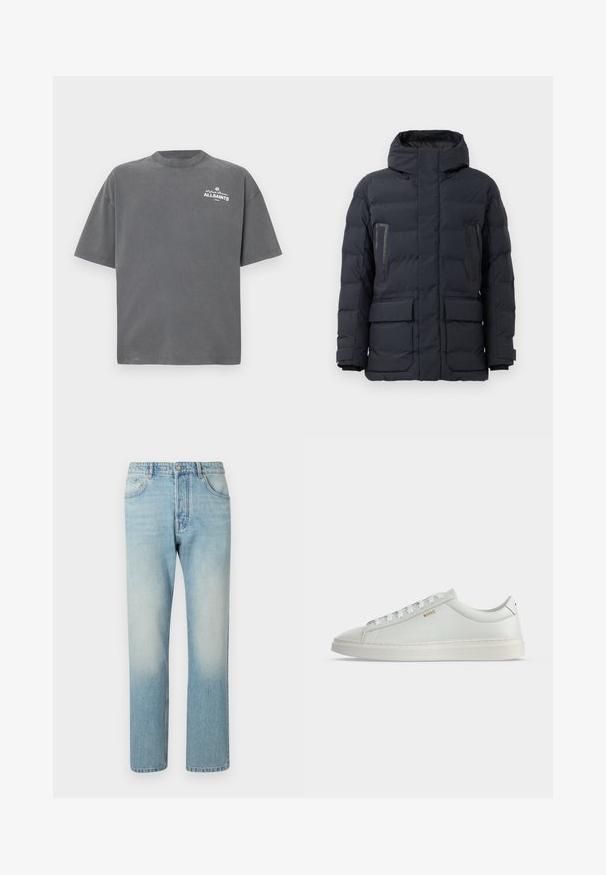 Donkergrijze pufferjack met capuchon, voorzien van twee borstzakken, zijzakken en elastische manchetten. Gemaakt van geïsoleerde, gequiltte stof.; Donkergrijs T-shirt met korte mouwen en ronde hals met klein wit "ALLSAINTS"-logo op de linker bovenborst.; Lichtblauwe jeans van denim, met een rechte pijpdesign, vijf zakken en een vervaagde was-effect op de dijen.; Witte lage leren sneaker met veters, platte zool en klein gouden "BOSS" logo aan de zijkant, gezien vanaf de buitenkant.