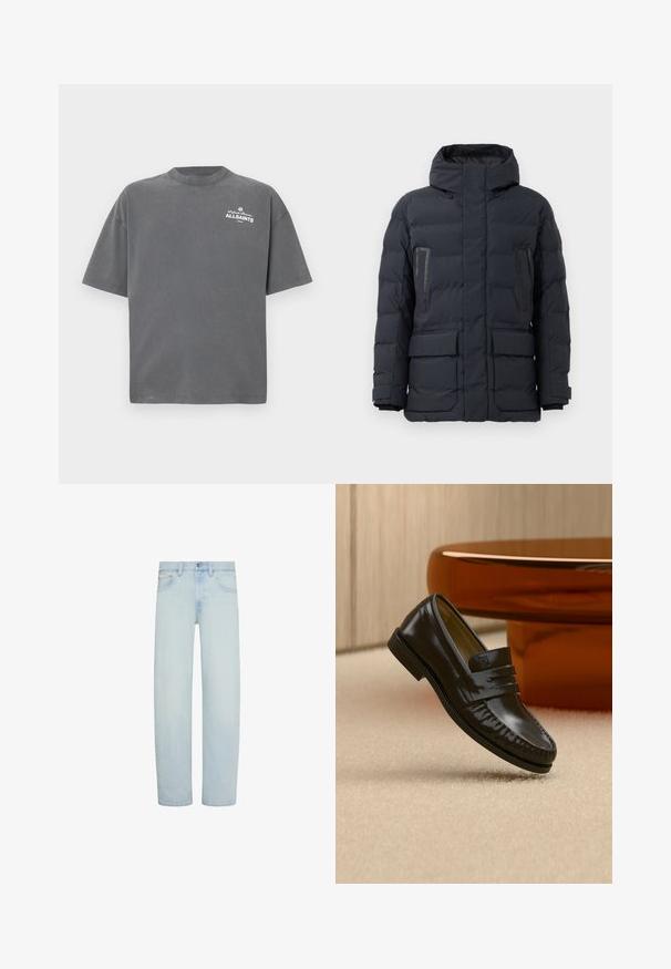 Dunkelgraue Daunenjacke mit Kapuze, ausgestattet mit zwei Brusttaschen, seitlichen Taschen und elastischen Bündchen. Hergestellt aus isoliertem, gesteppter Stoff.; Dunkelgraues T-Shirt mit kurzen Ärmeln und Rundhalsausschnitt mit kleinem weißen "ALLSAINTS"-Logo auf der oberen linken Brust.; Hellblaue Denim-Jeans mit geradem Bein, vorderem Knopf- und Reißverschluss, Gürtelschlaufen und Vordertaschen.; Glänzender schwarzer Leder-Loafer mit einem Riemendetail, auf einem beigen Teppich neben einem runden braunen Couchtisch in einem sanft beleuchteten Raum platziert.