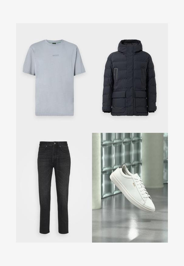 Mørkegrå pufferjakke med hætte, der har to brystlommer, sidelommer og elastiske manchetter. Lavet af isoleret, quiltet stof.; Lyseblå T-shirt med korte ærmer lavet af blødt stof med rund hals. Har en broderet "BOSS" logo på brystet.; Sorte denimjeans med et lige ben-design, der har fem lommer, knaplukning og subtile syninger.; Hvid læder lav-top sneaker med snørebånd, sort hælflig og "BOSS"-logo, svævende indendørs nær glasblok væg og poleret gulv.